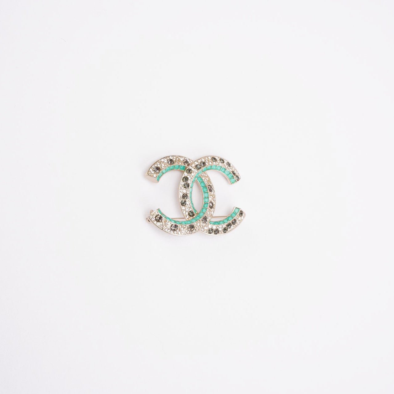 Chanel CC Green & Gold Metal Brooche