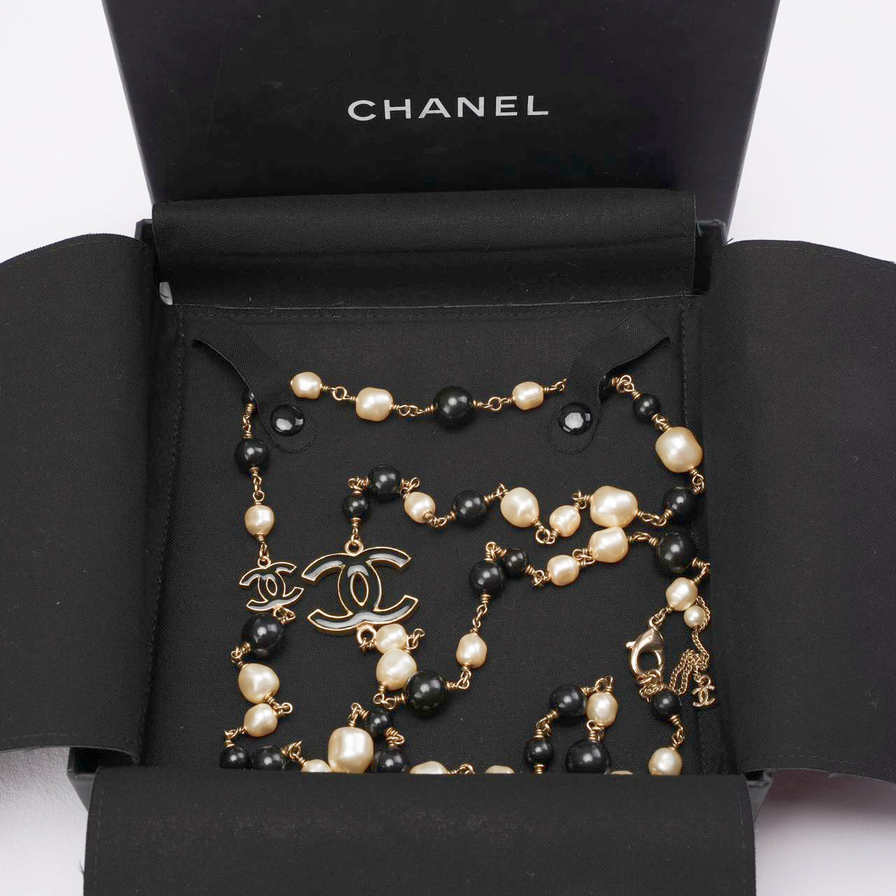 Chanel CC Long Necklace with Black Beads and Faux Pearls