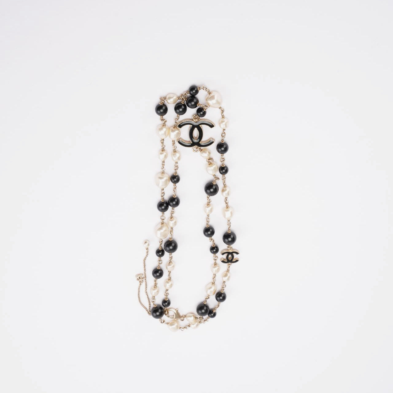 Chanel CC Long Necklace with Black Beads and Faux Pearls