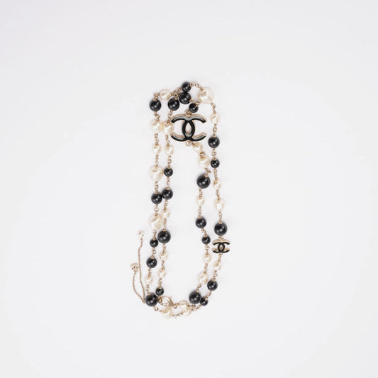 Chanel CC Long Necklace with Black Beads and Faux Pearls