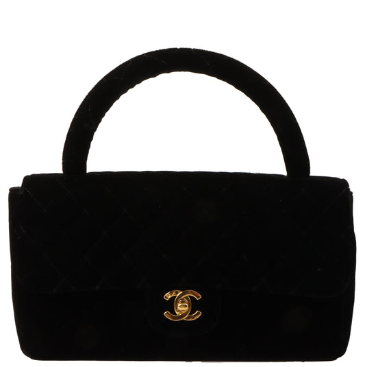 Chanel Around 1995 Made Velour Classic Flap Top Handle Bag Black