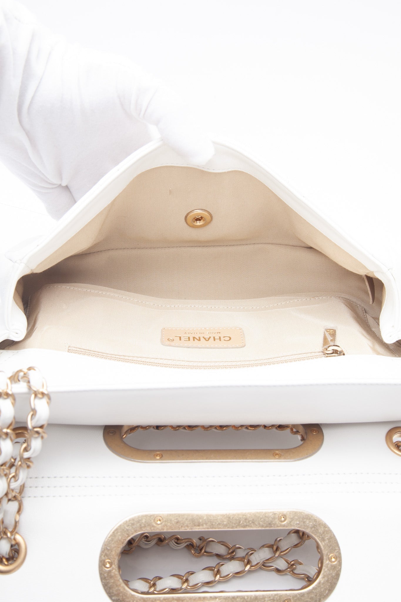 CHANEL White Lambskin A Real Catch Flap Bag