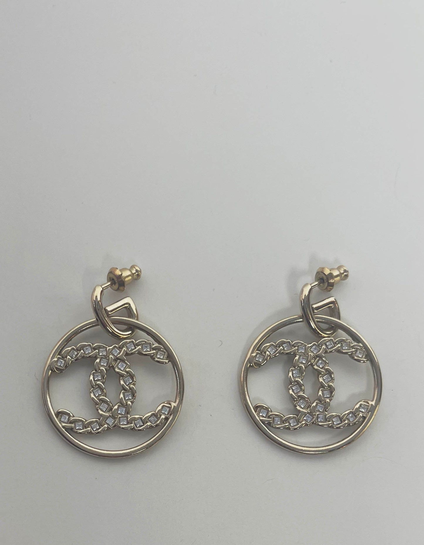 Chanel 2019 Goldtone Crystal High Society CC Hoop Drop Earrings