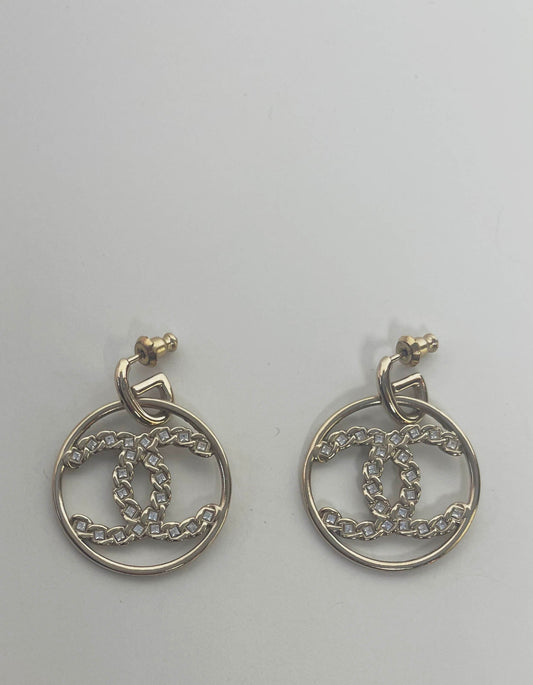 Chanel 2019 Goldtone Crystal High Society CC Hoop Drop Earrings
