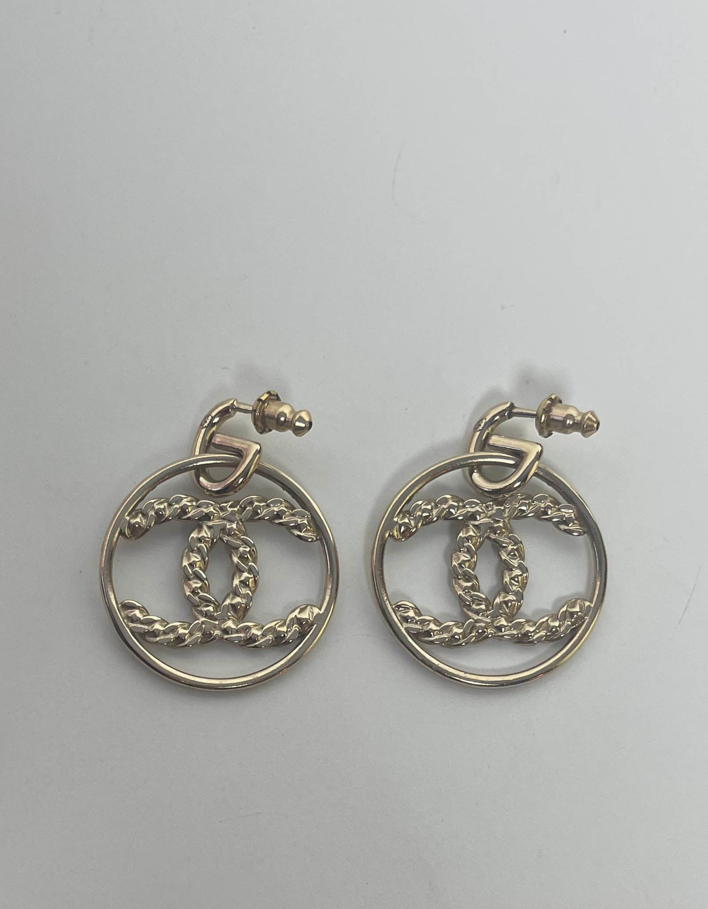 Chanel 2019 Goldtone Crystal High Society CC Hoop Drop Earrings