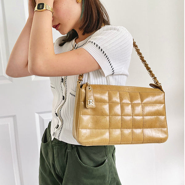 Chanel Around 2002 Made Chocolate Bar Logo Embossed Chain Shoulder Bag Mustard