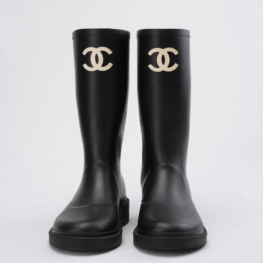 Chanel Classic Rain Boots in Black / White With CC Logo 38