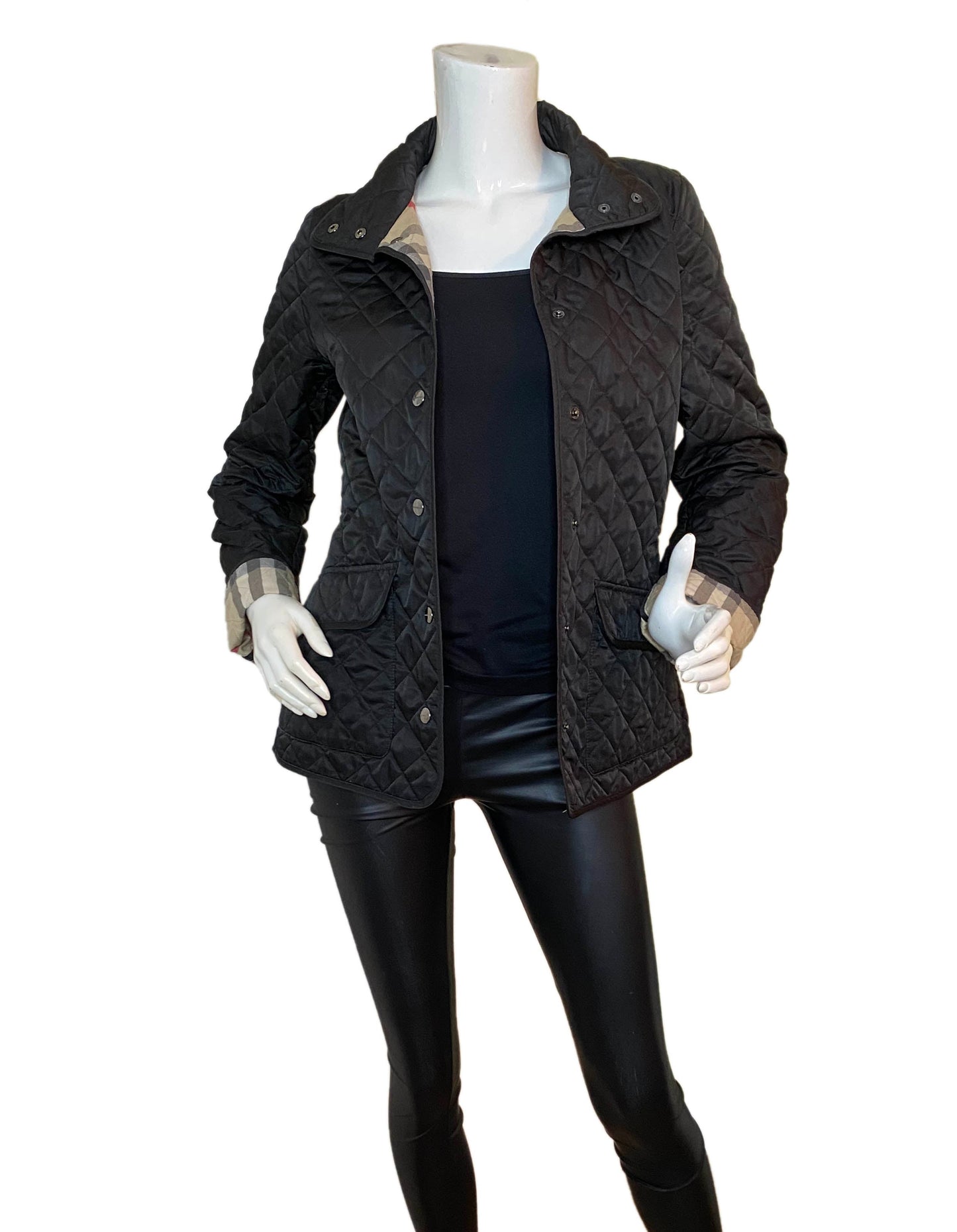 Burberry Brit Black Quilted Jacket w/Nova Plaid Lining sz Small
