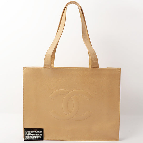 Chanel 1998 Made Caviar Skin Coco Mark Stitch Tote Bag Beige