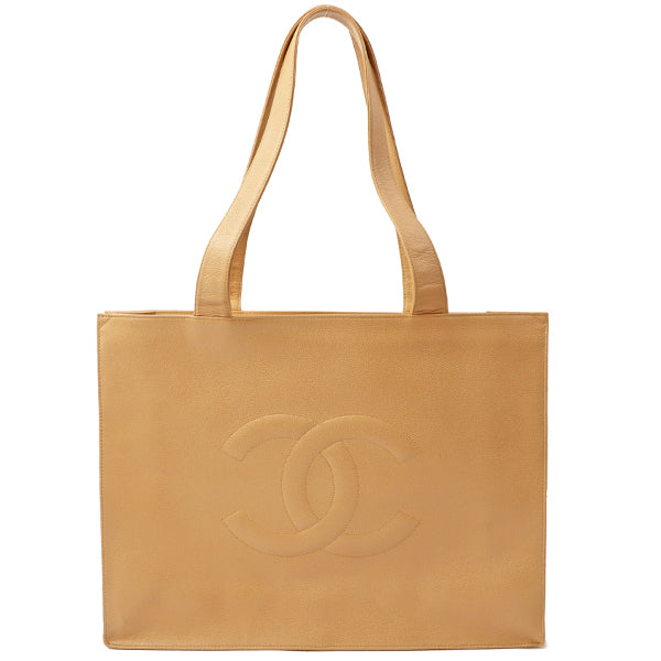 Chanel 1998 Made Caviar Skin Coco Mark Stitch Tote Bag Beige