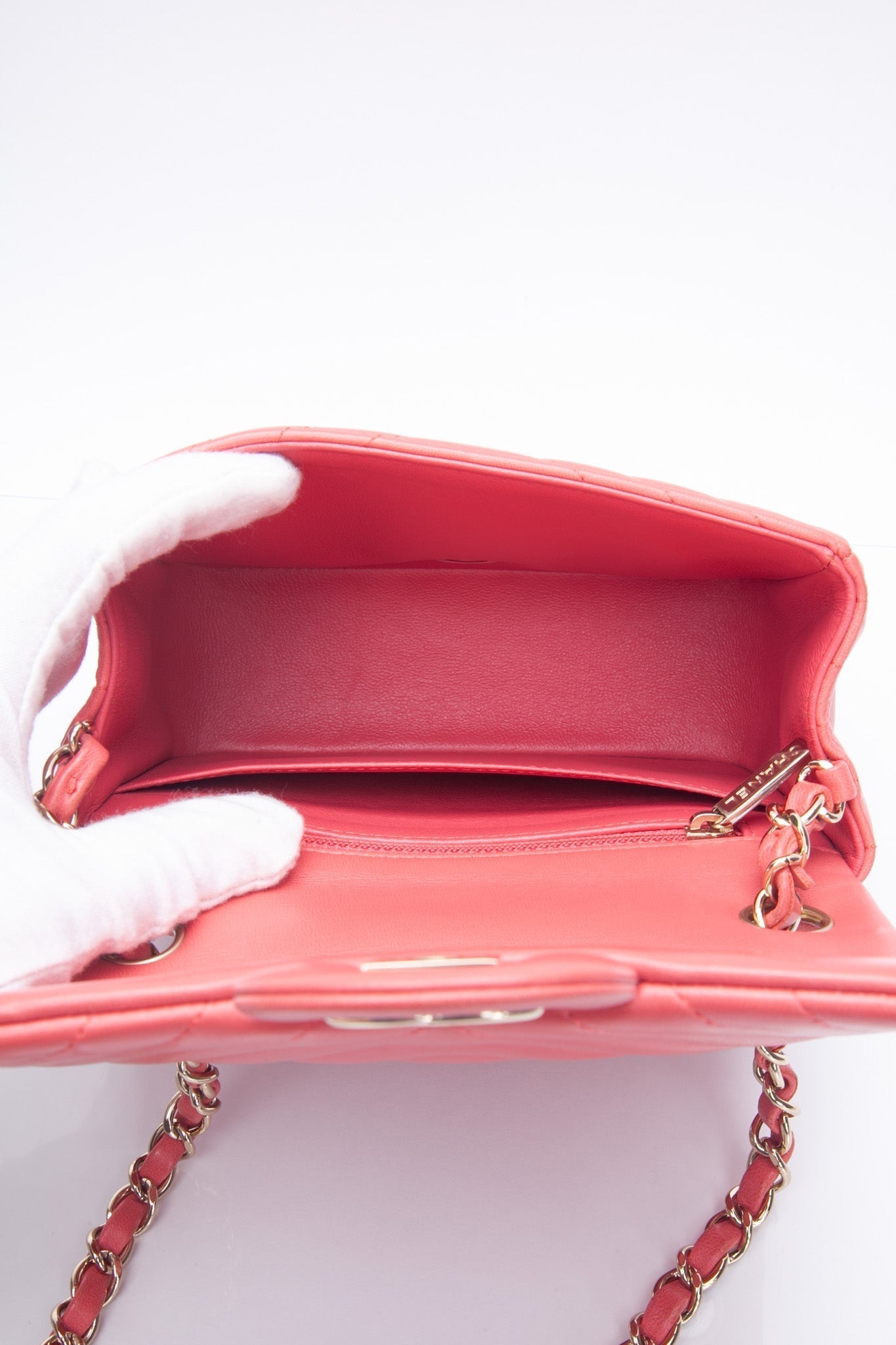 CHANEL Chevron Pink Lambskin Square Mini Flap Bag
