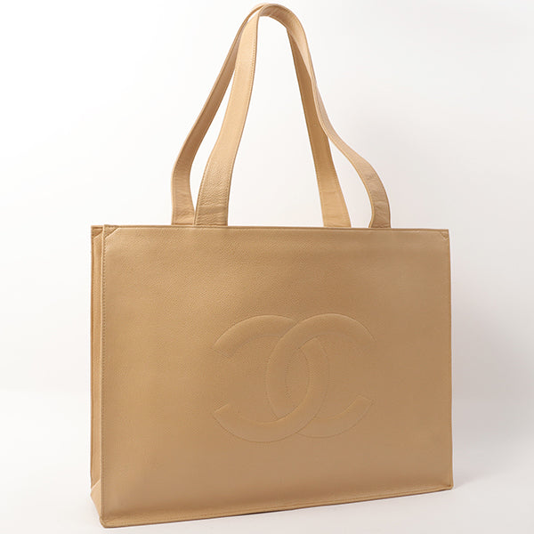Chanel 1998 Made Caviar Skin Coco Mark Stitch Tote Bag Beige