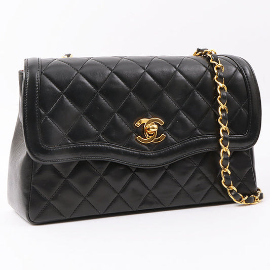 Chanel Around 1990 Made Edge Flap Turn-Lock Chain Bag With Pouch Black