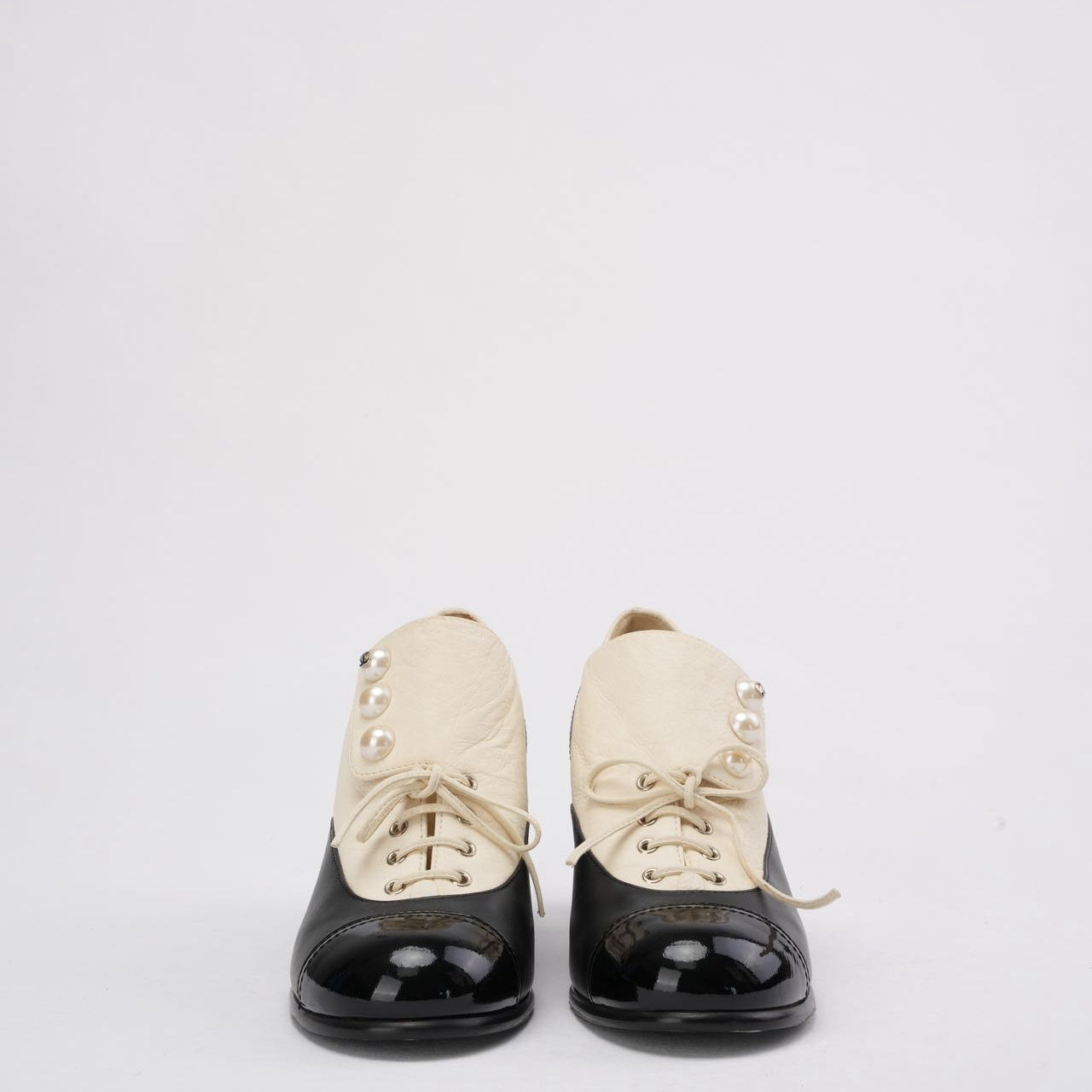 Chanel Black / White Pearl Lace-Up Ankle Boots Size 39.5