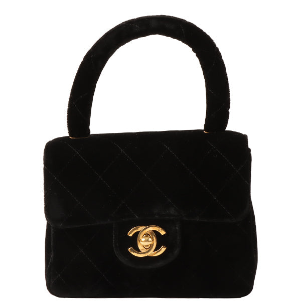 CHANEL Around 1992 Made Velour Classic Flap Top Handle Bag Mini Black