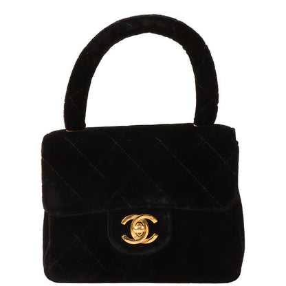 CHANEL Around 1992 Made Velour Classic Flap Top Handle Bag Mini Black