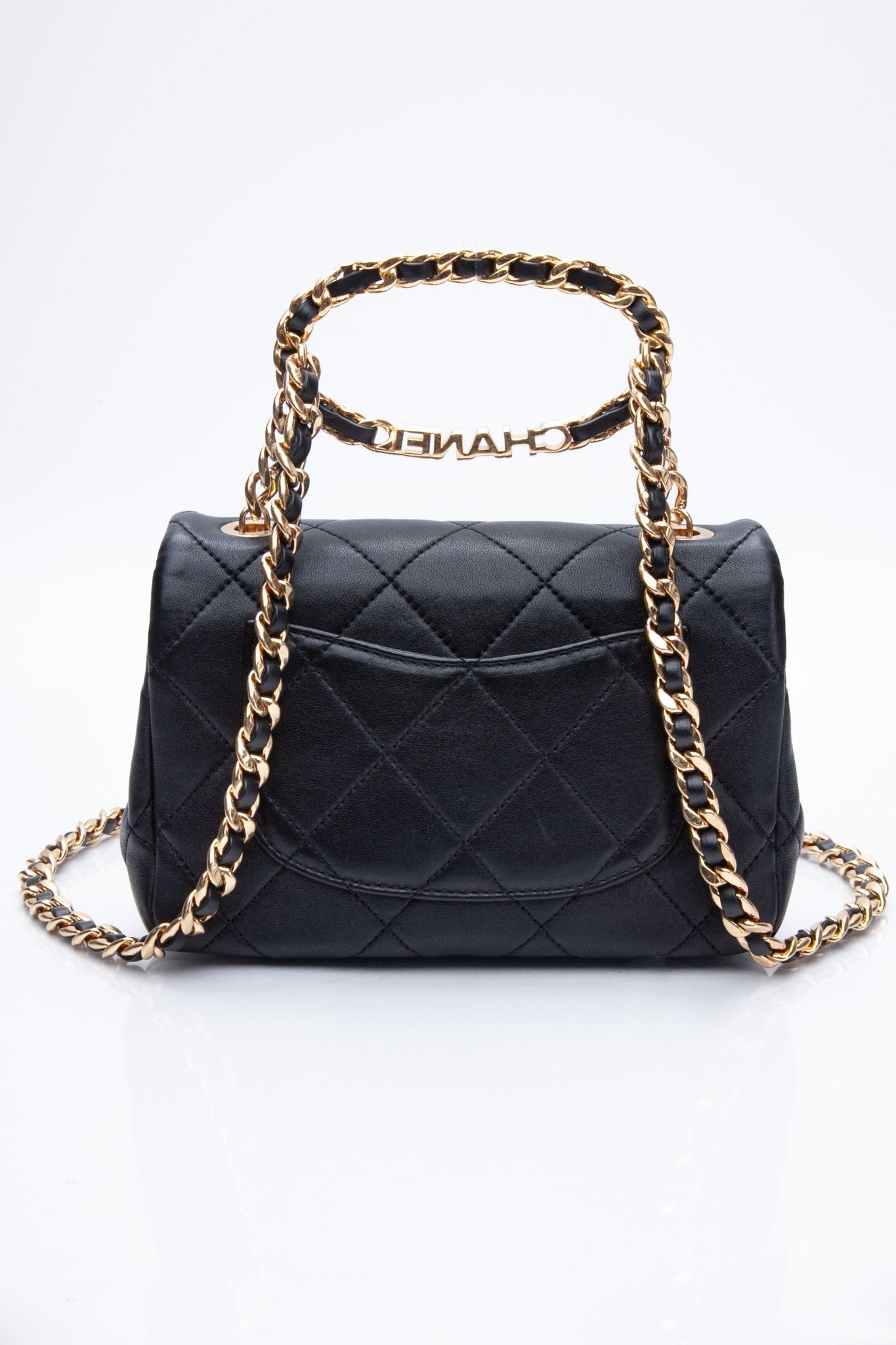 CHANEL Black Metal Quilted Lambskin Leather Mini Top Handle Square Flap Bag