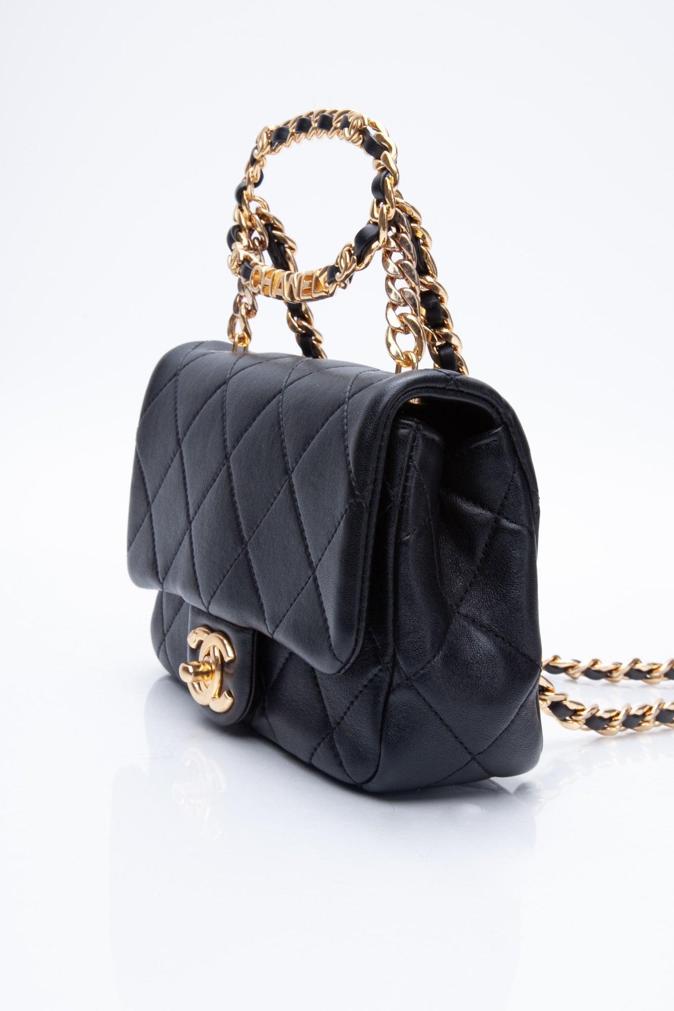 CHANEL Black Metal Quilted Lambskin Leather Mini Top Handle Square Flap Bag