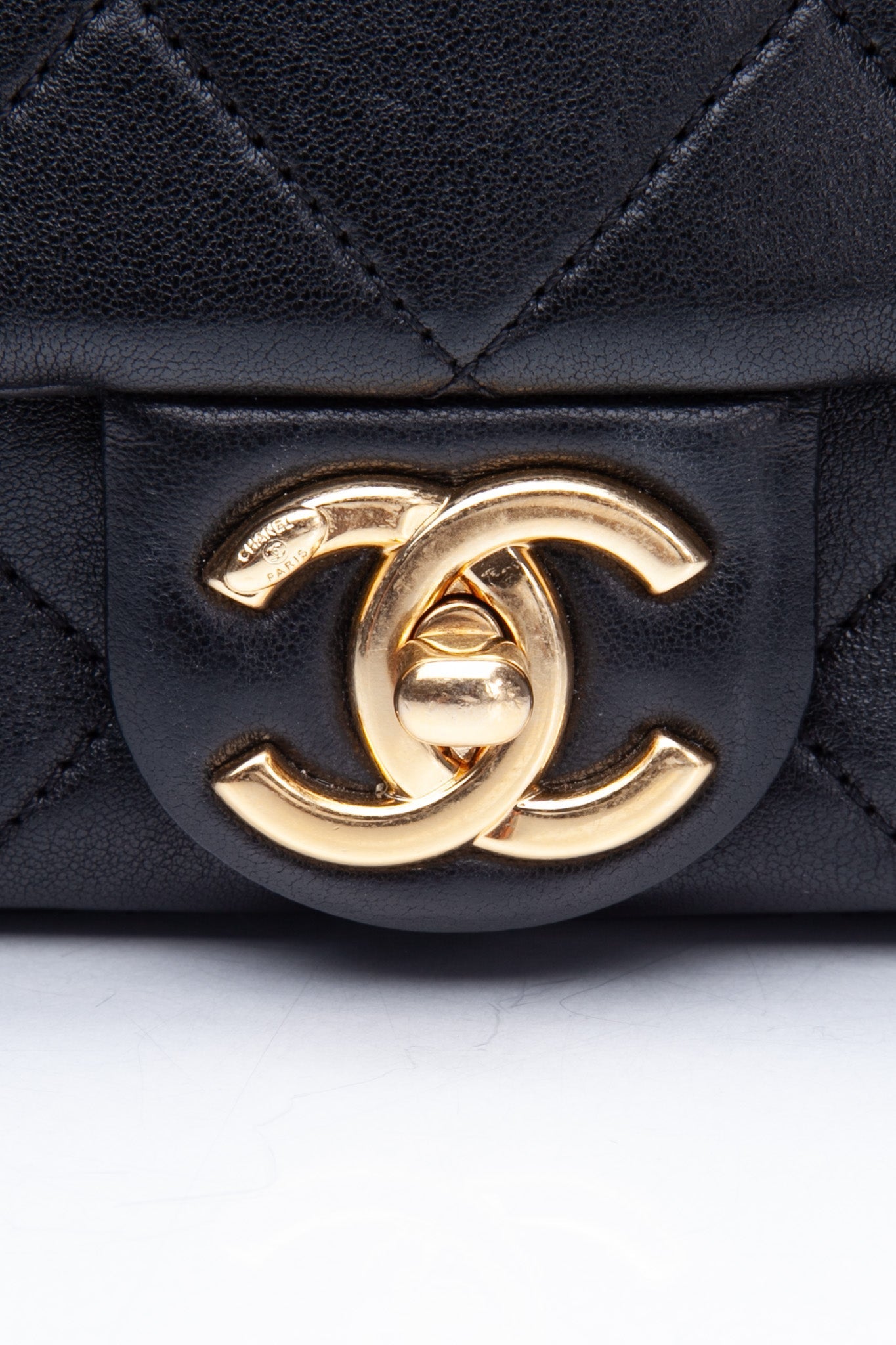 CHANEL Black Metal Quilted Lambskin Leather Mini Top Handle Square Flap Bag