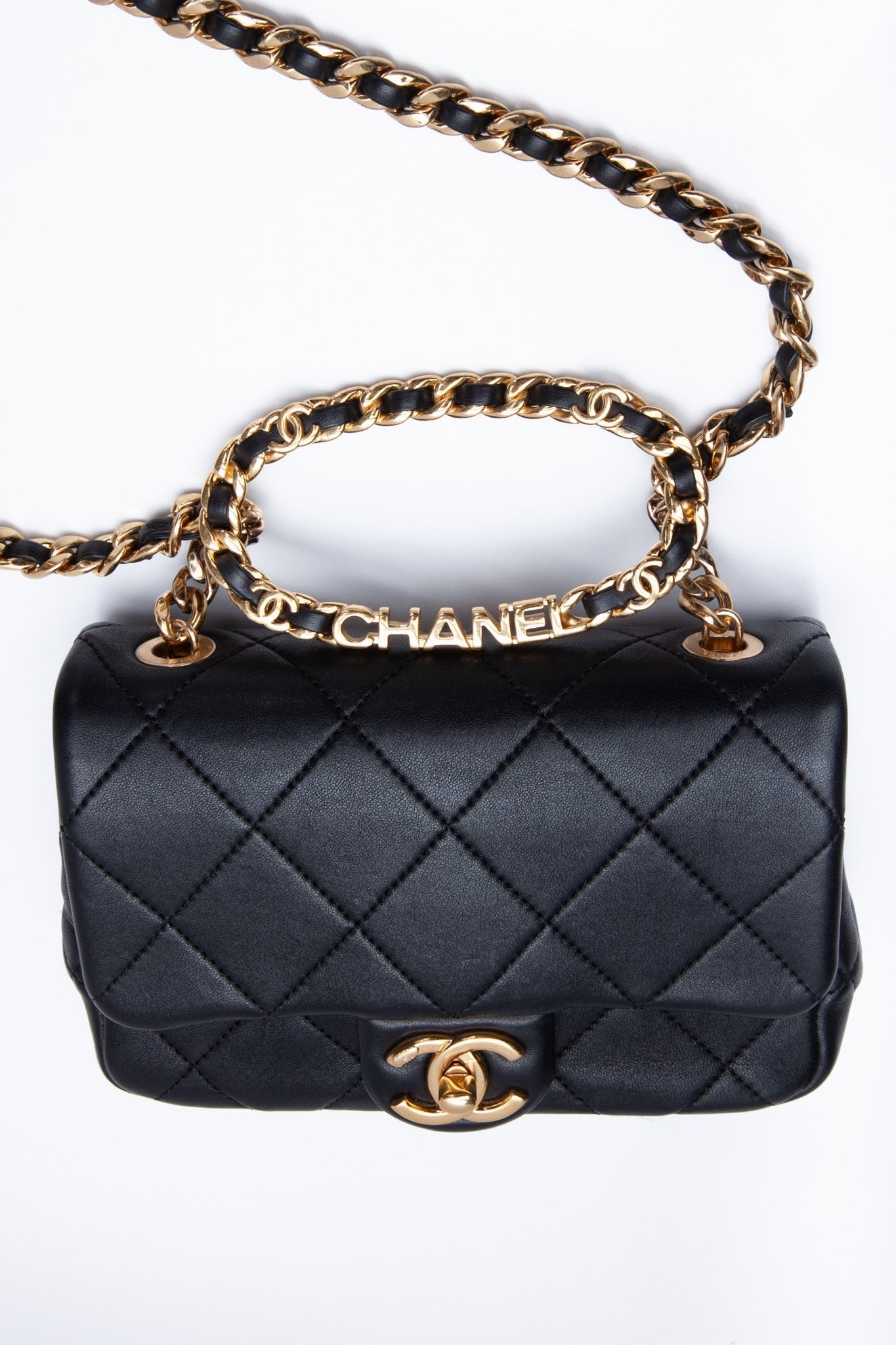 CHANEL Black Metal Quilted Lambskin Leather Mini Top Handle Square Flap Bag