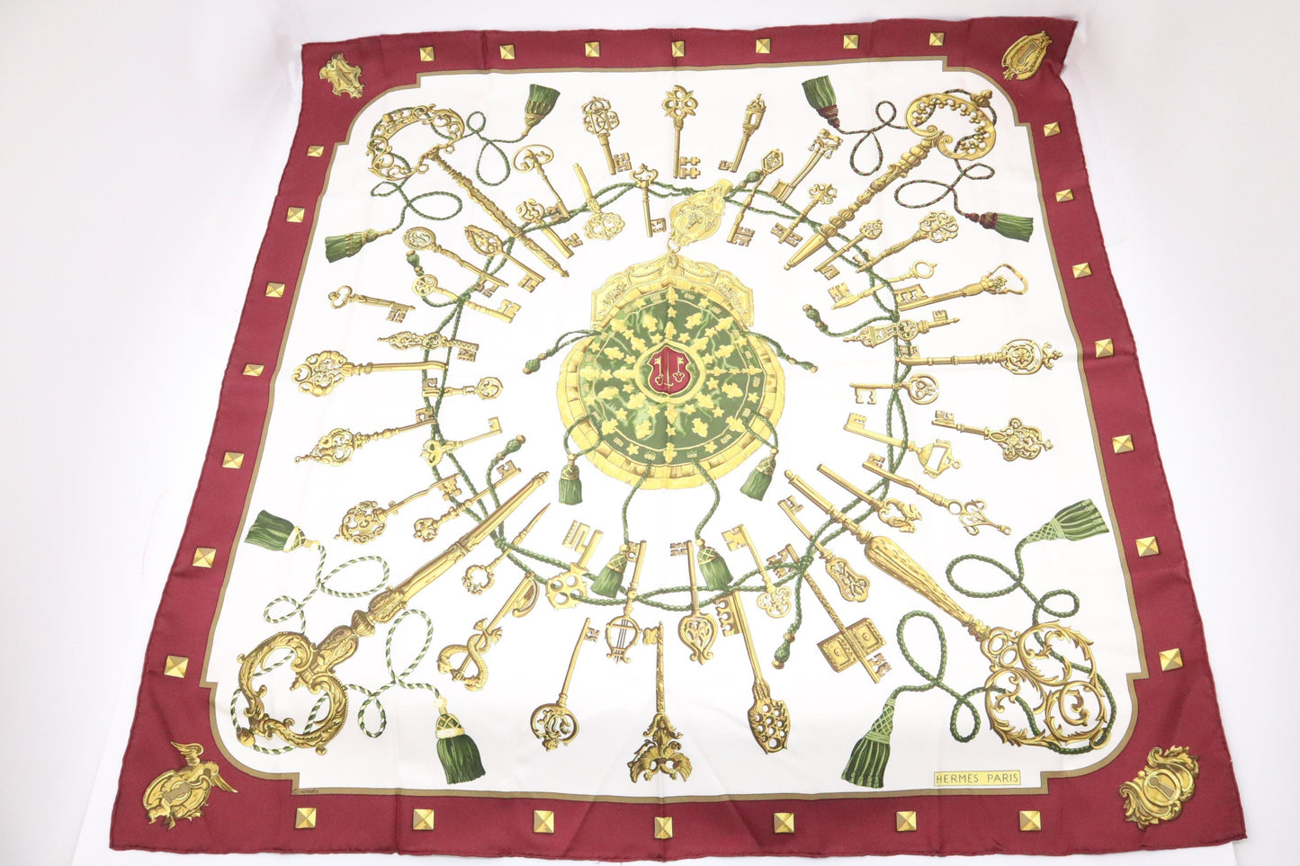 Hermes Les Clefs Carre 90 in Burgundy & Cream Silk