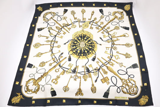 Hermes Les Clefs Carre 90 in Black & Cream Silk