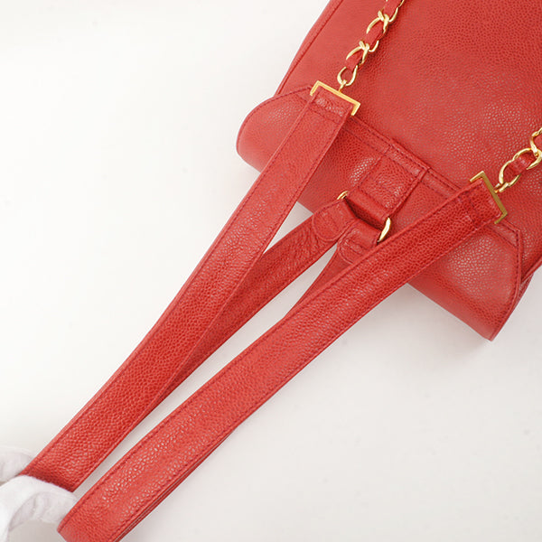 Chanel Around 1995 Made Caviar Skin Cc Mark Plate Backpack Red