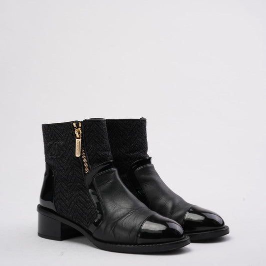 Chanel Black Tweed and Patent Leather CC Cap Toe Ankle Booties 38.5
