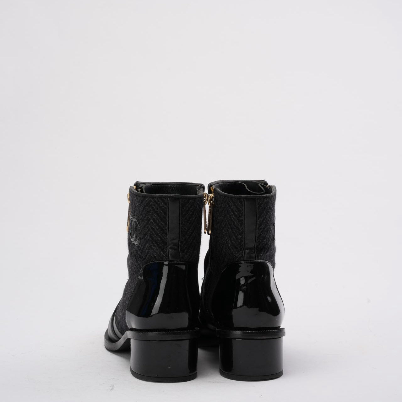 Chanel Black Tweed and Patent Leather CC Cap Toe Ankle Booties 38.5