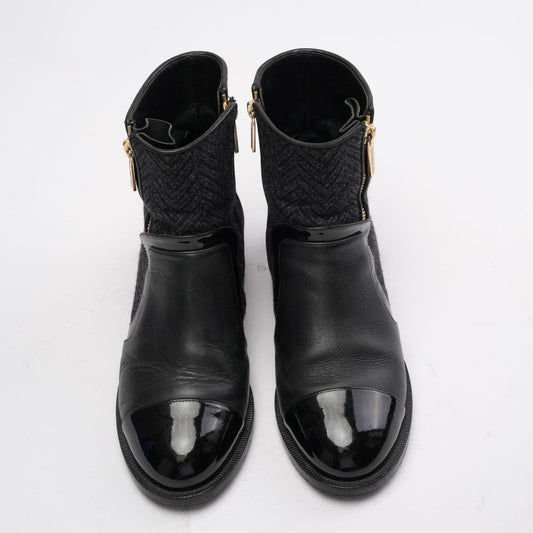 Chanel Black Tweed and Patent Leather CC Cap Toe Ankle Booties 38.5