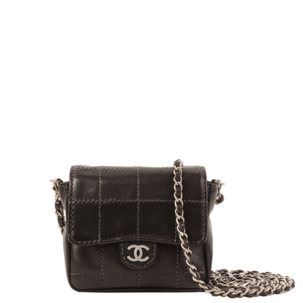 Chanel Around 2000 Made Chocolate Bar Cc Mark Plate Micro Chain Bag Black