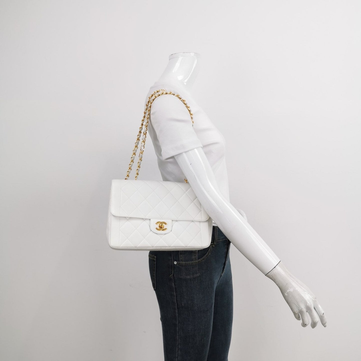 Chanel Classic Flap 1996 White Leather 24k Gold Plated Giant CC Logo
