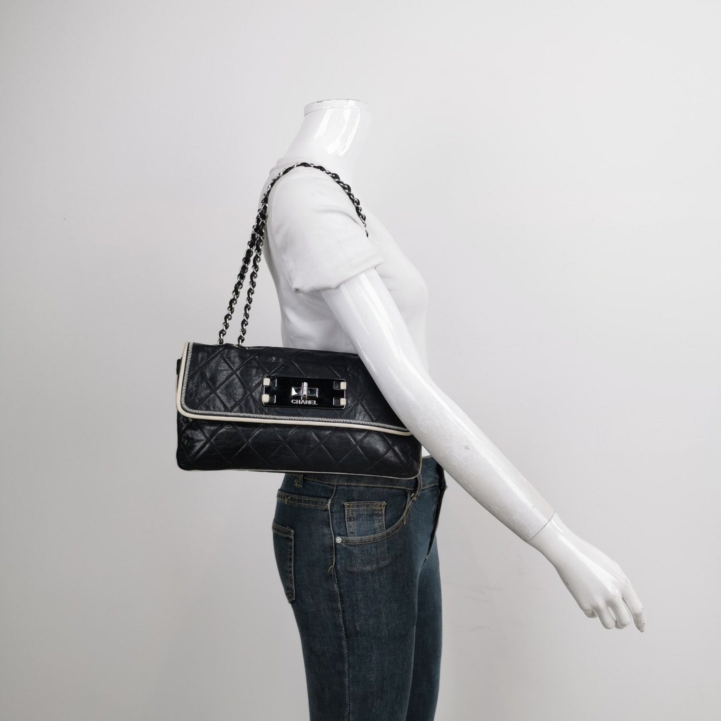 Chanel East West Mademoiselle Flap Bag 2008 Medium Black Leather Shoulder Bag