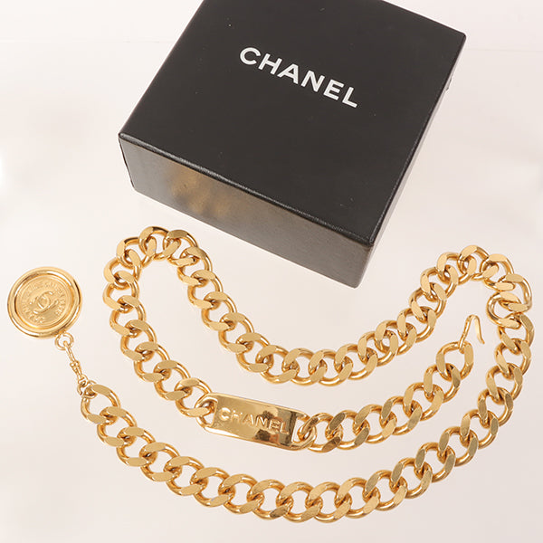 CHANEL 1995 Made Logo Plate Cc Mark Coin Charm Chain Belt