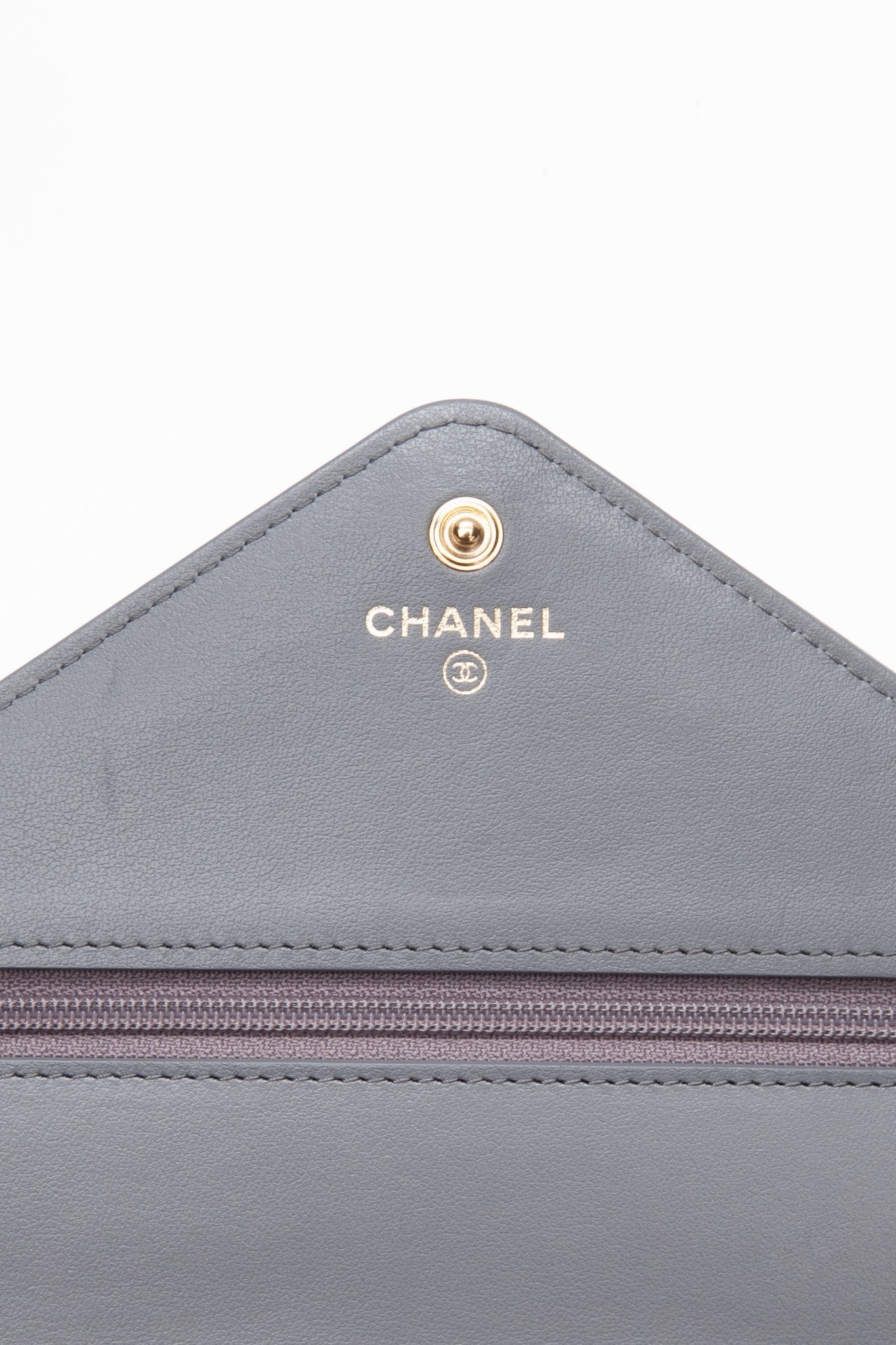 CHANEL Gray Lambskin Chevron Medallion WOC Wallet on Chain