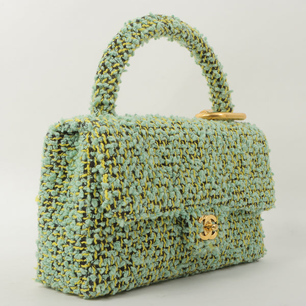 Chanel Around 1993 Made Tweed Classic Flap Top Handle Bag With Micro Bag Apple Green