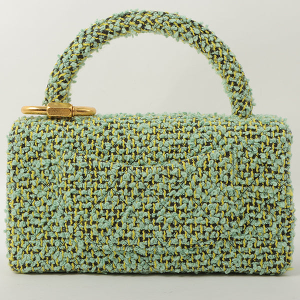 Chanel Around 1993 Made Tweed Classic Flap Top Handle Bag With Micro Bag Apple Green