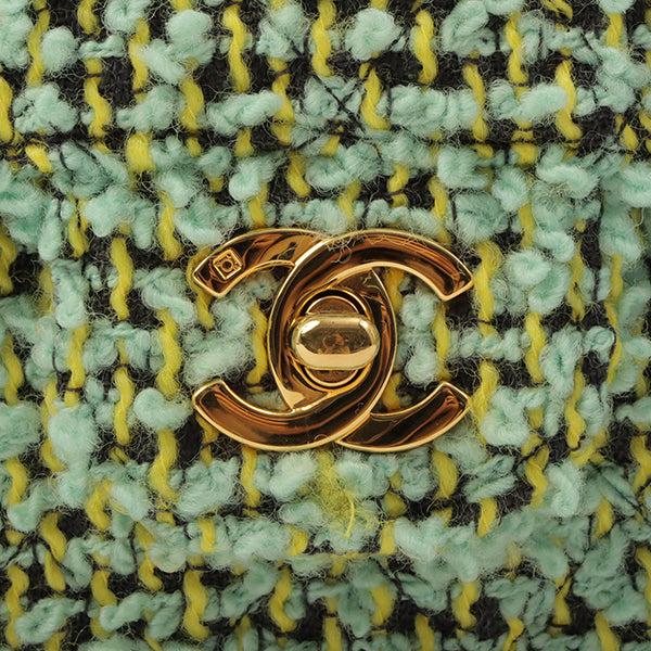 Chanel Around 1993 Made Tweed Classic Flap Top Handle Bag With Micro Bag Apple Green