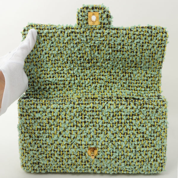 Chanel Around 1993 Made Tweed Classic Flap Top Handle Bag With Micro Bag Apple Green