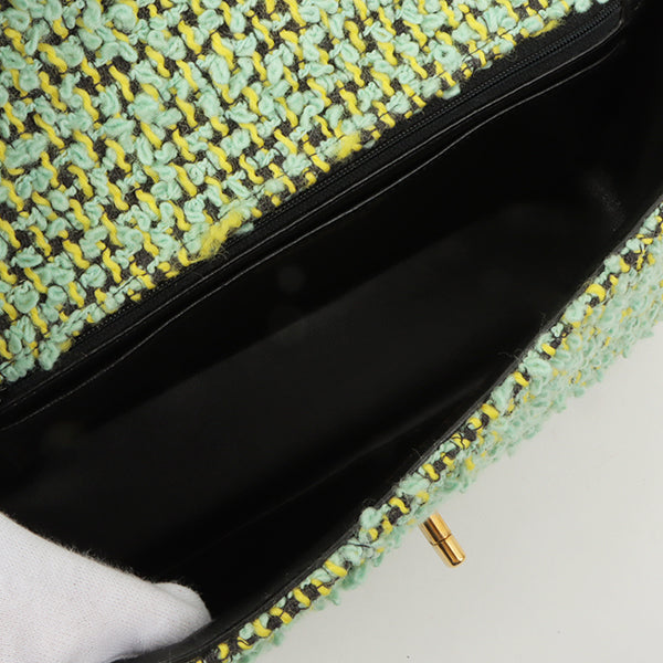 Chanel Around 1993 Made Tweed Classic Flap Top Handle Bag With Micro Bag Apple Green