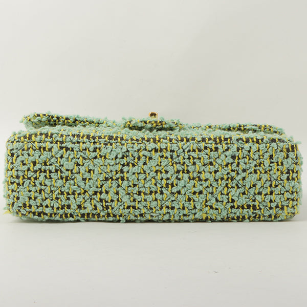 Chanel Around 1993 Made Tweed Classic Flap Top Handle Bag With Micro Bag Apple Green
