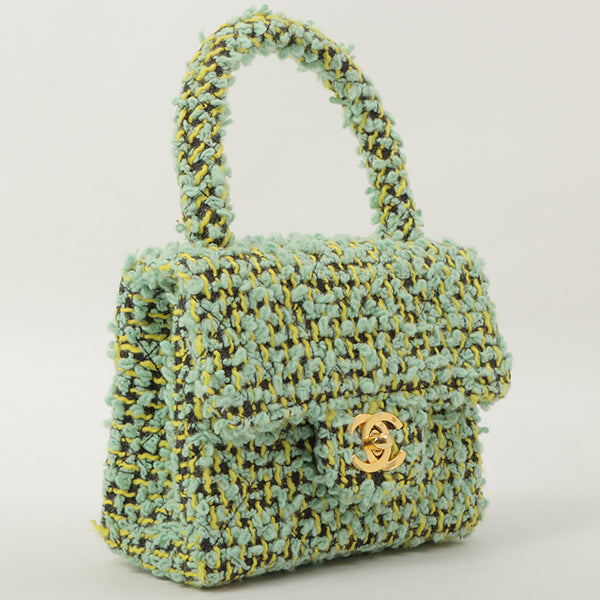 Chanel Around 1993 Made Tweed Classic Flap Top Handle Bag With Micro Bag Apple Green