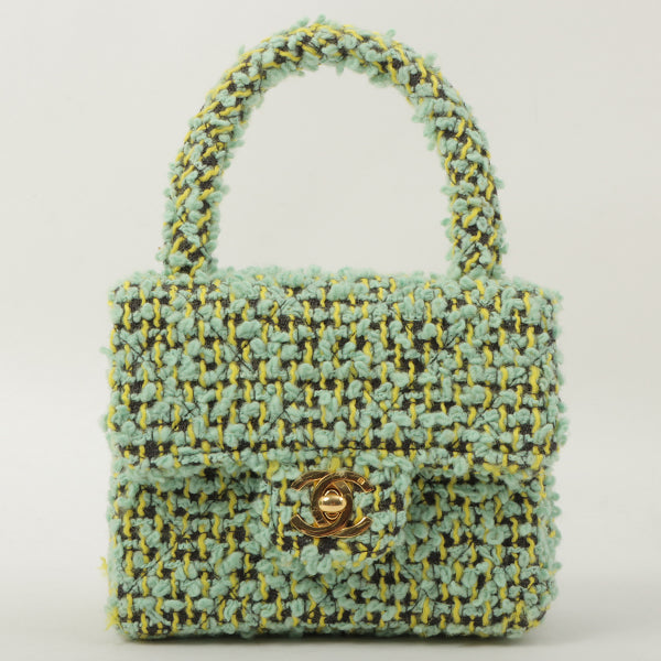 Chanel Around 1993 Made Tweed Classic Flap Top Handle Bag With Micro Bag Apple Green