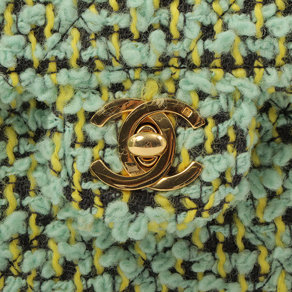 Chanel Around 1993 Made Tweed Classic Flap Top Handle Bag With Micro Bag Apple Green