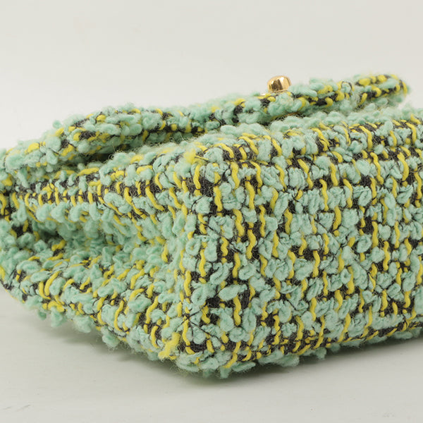 Chanel Around 1993 Made Tweed Classic Flap Top Handle Bag With Micro Bag Apple Green