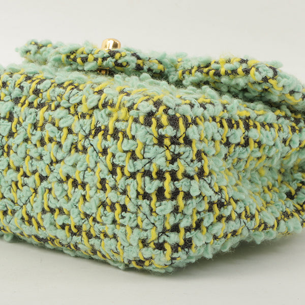 Chanel Around 1993 Made Tweed Classic Flap Top Handle Bag With Micro Bag Apple Green