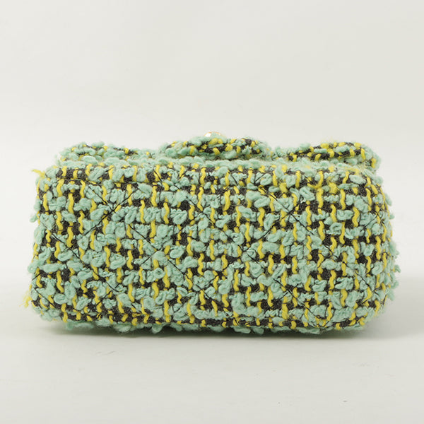 Chanel Around 1993 Made Tweed Classic Flap Top Handle Bag With Micro Bag Apple Green
