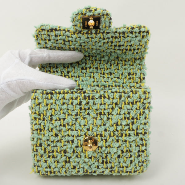 Chanel Around 1993 Made Tweed Classic Flap Top Handle Bag With Micro Bag Apple Green