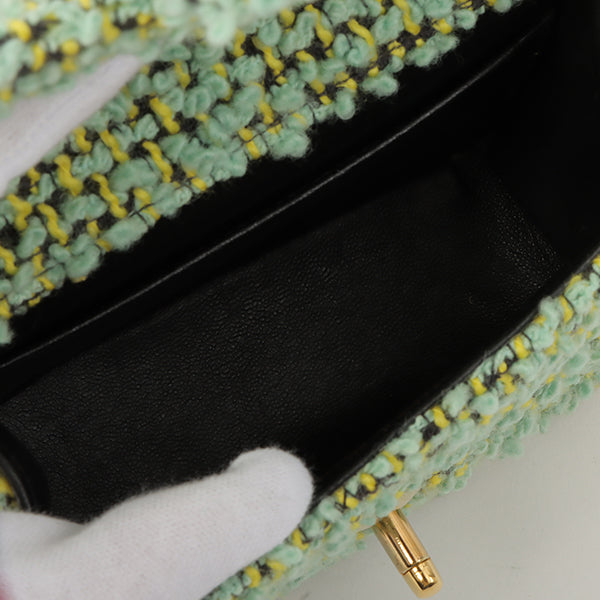 Chanel Around 1993 Made Tweed Classic Flap Top Handle Bag With Micro Bag Apple Green