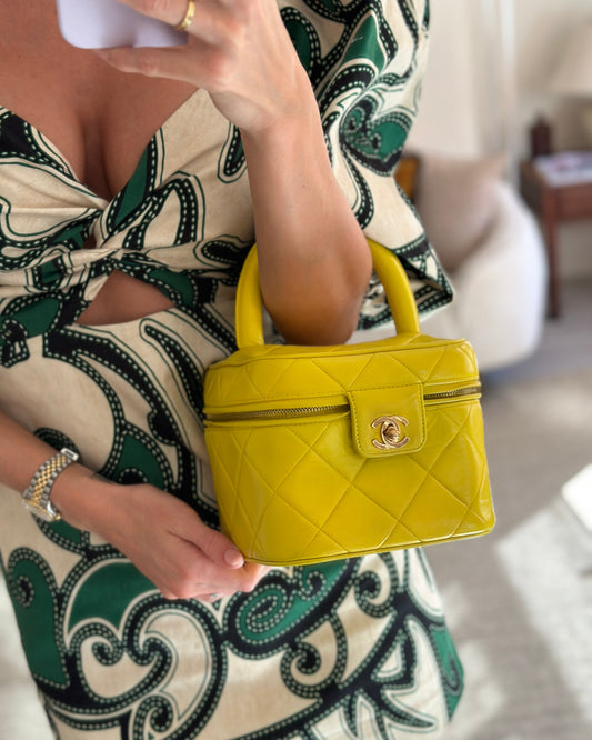 *ORIGINAL 90'S  * Chanel Yellow   Top Handle Vanity Bag in Lambskin Leather with 24k Gold Hardware